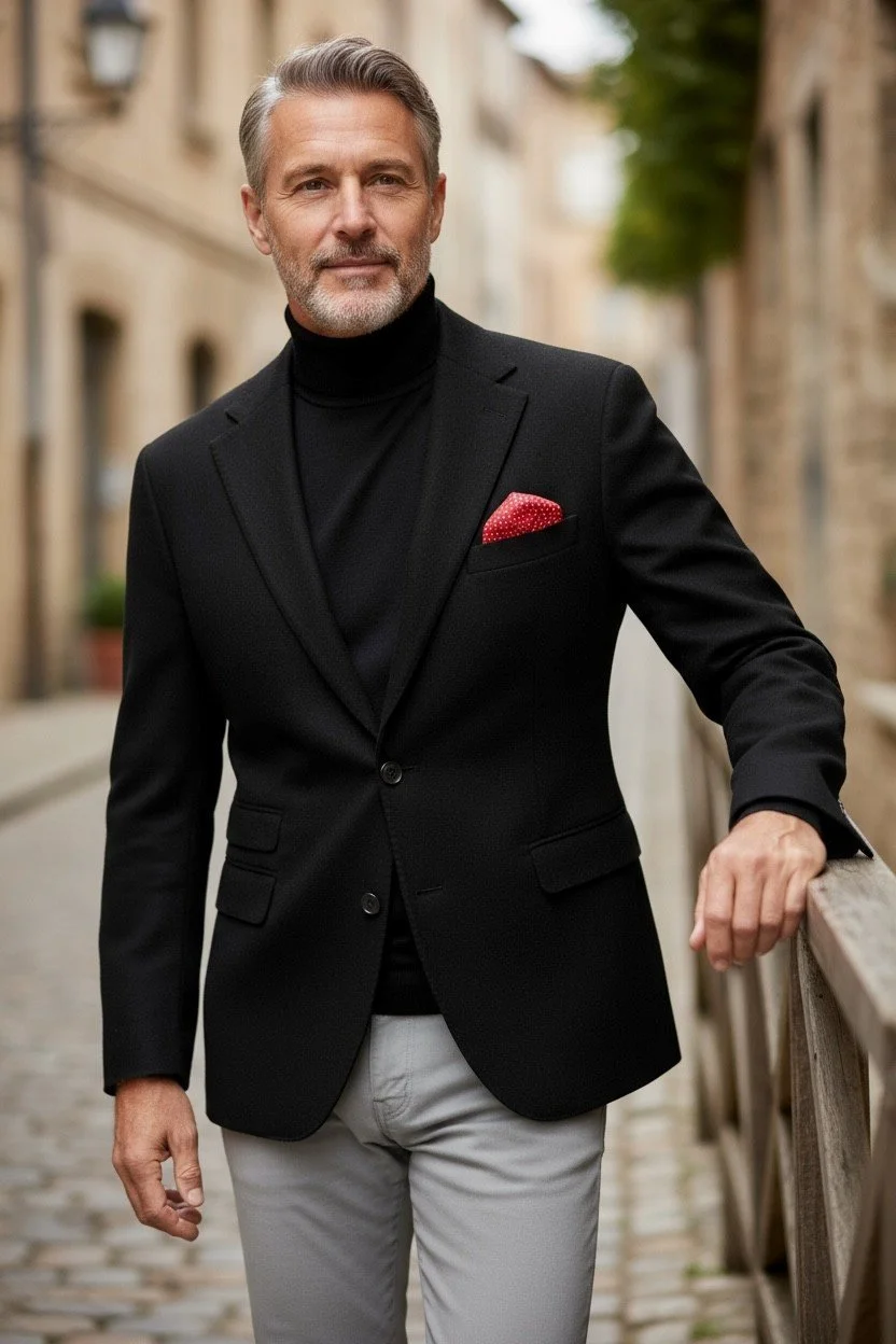A middle-aged man with gray hair and a beard standing outdoors on a city street, wearing a black blazer, black turtleneck, gray pants, and a red pocket square, leaning on a wooden railing.