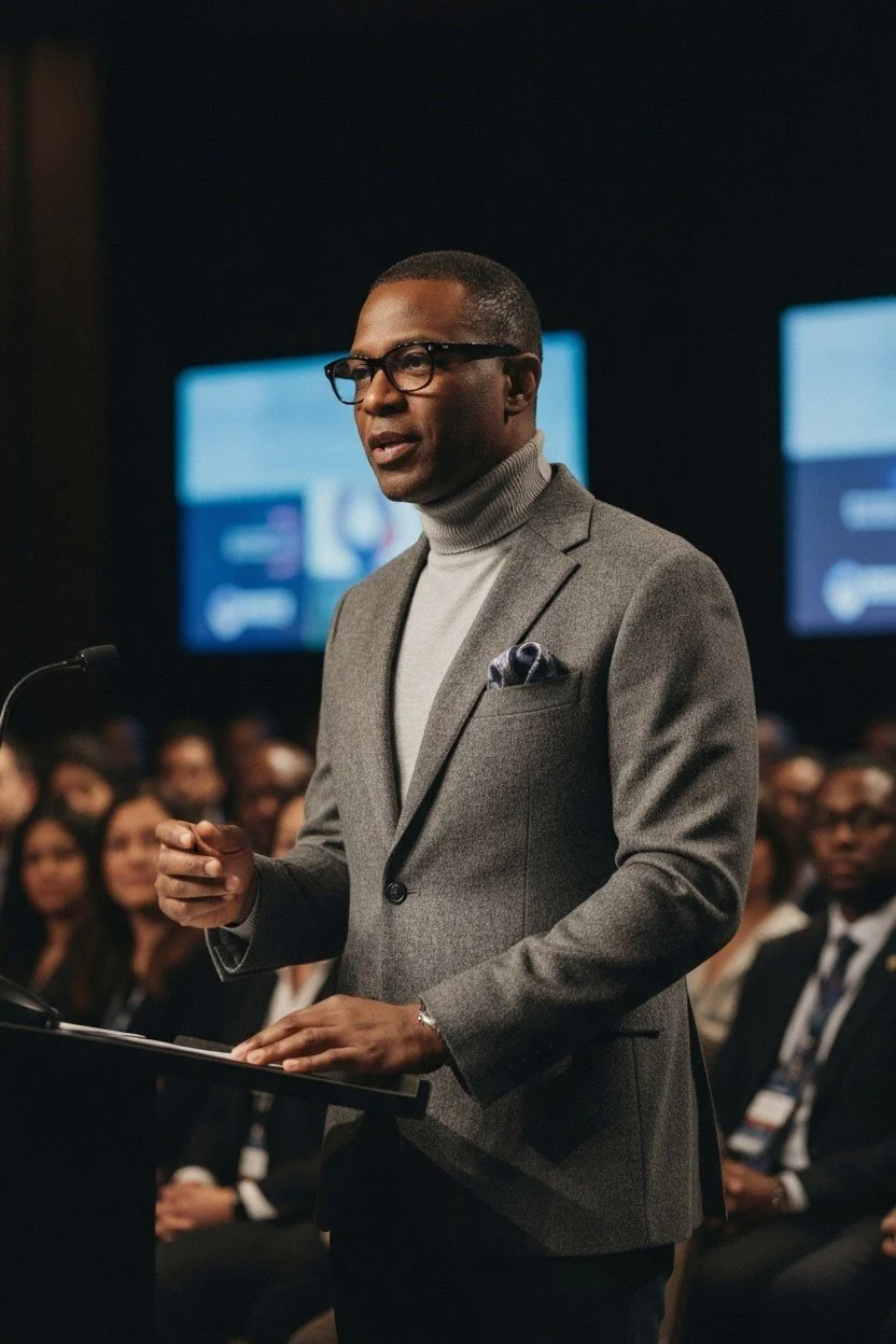 A man with glasses and a gray suit speaking at a conference or seminar, surrounded by an audience.