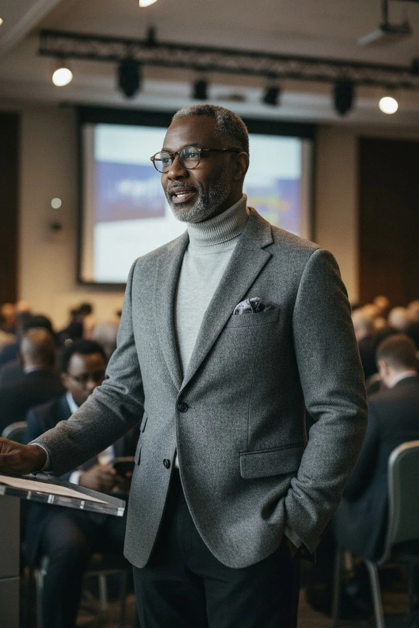 A middle-aged Black man wearing glasses, a gray blazer, and a turtleneck sweater standing at a podium in a conference room filled with seated attendees. A large screen is visible in the background.