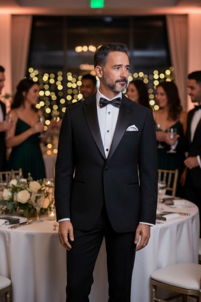 A man in a black tuxedo with a bow tie standing at a formal event or wedding reception, with guests in elegant attire and decorated tables in the background.