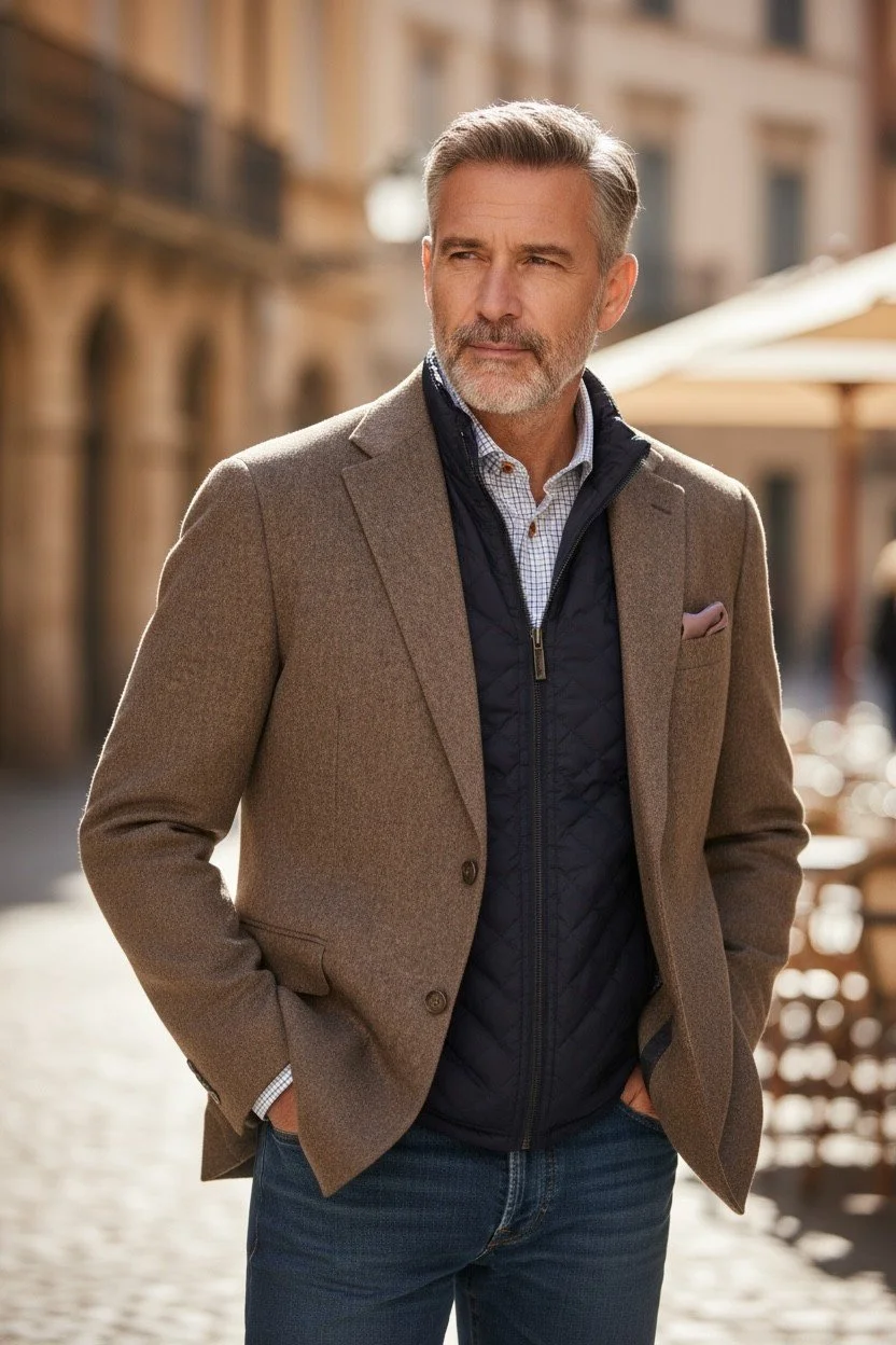 A middle-aged man with gray hair and beard standing outdoors on a sunny day, wearing a brown blazer, a checkered shirt, a black quilted vest, and blue jeans, with a thoughtful expression and hands in his pockets.