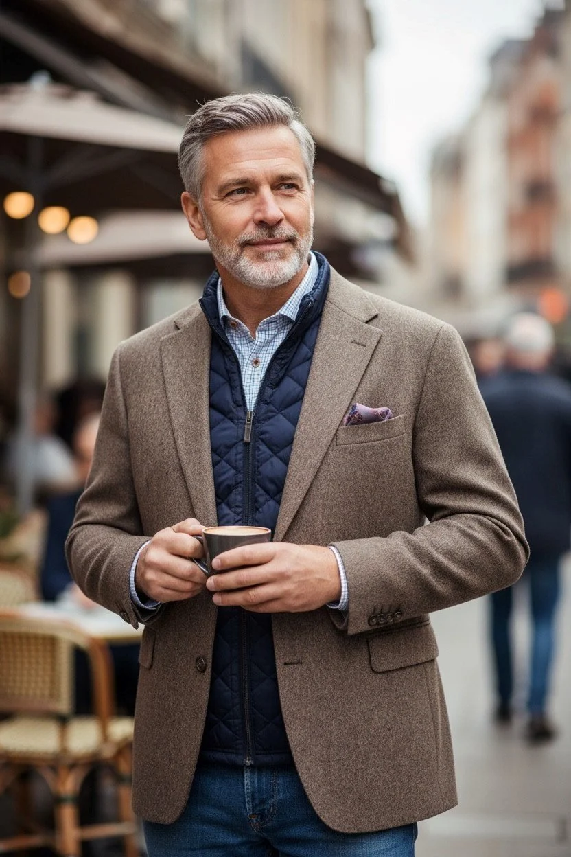 middle-aged man with gray hair and beard wearing a beige blazer, blue quilted vest, and light blue shirt, holding a coffee cup while walking on a city street.
