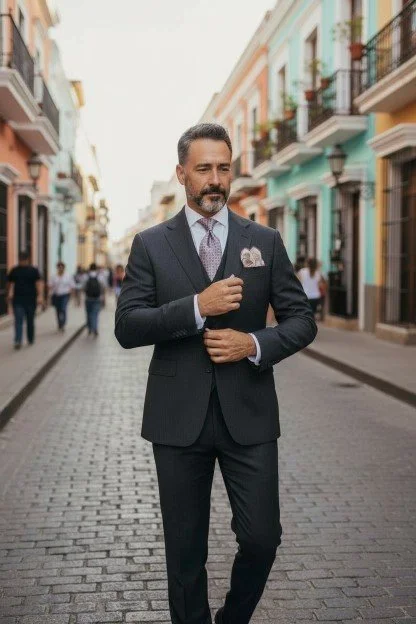 A well-dressed man with a gray beard and slicked-back hair walking on a colorful city street, wearing a dark suit, light patterned tie, and a pocket square.