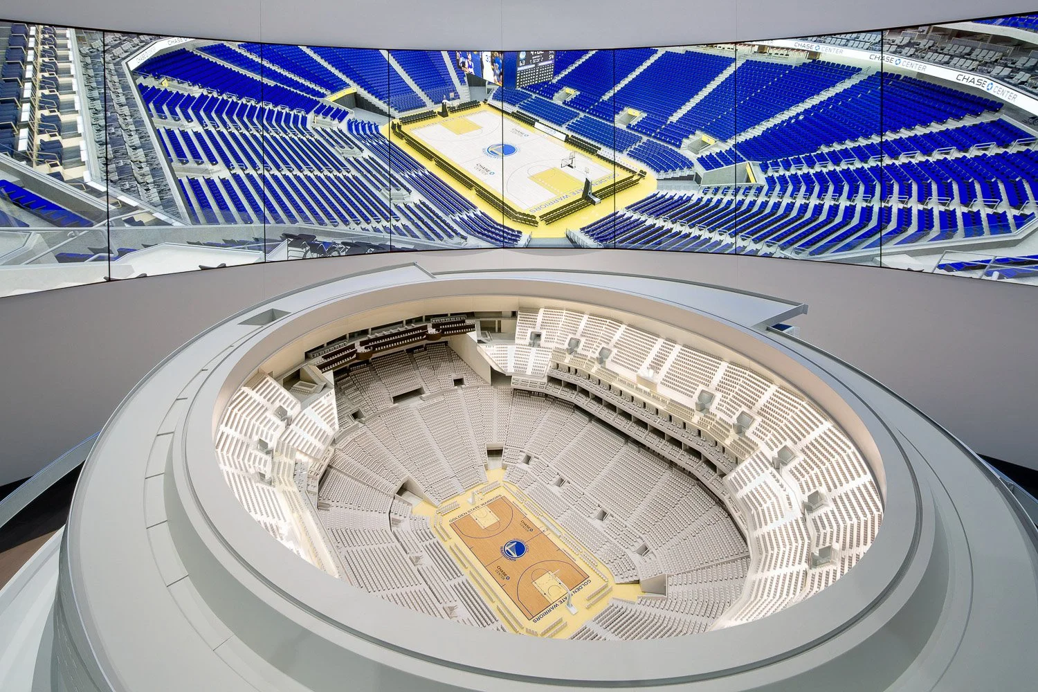 The Arena: Integrated lighting illuminates (11) different seating products, and highlights views and details on the screen array controlled by a tablet interface
