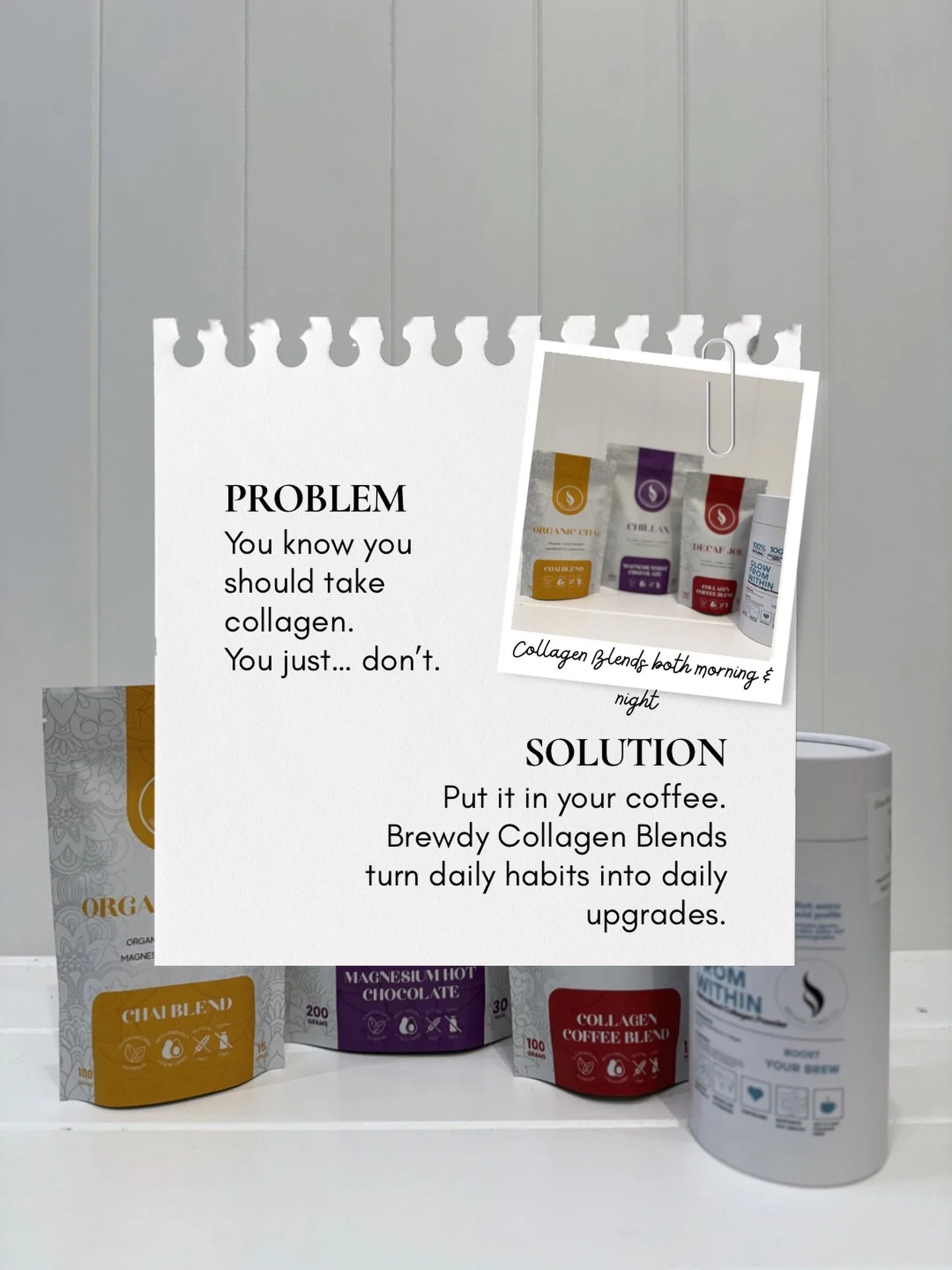 Most people buy supplements with good intentions.

Then life gets busy&hellip; and the routine disappears.

Coffee is different.

Coffee happens every day.

So instead of asking you to remember another supplement, we built collagen into something you