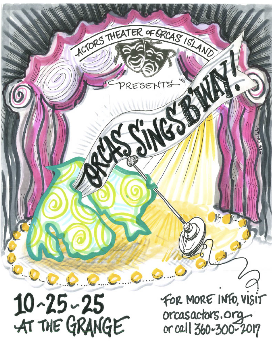 A colorful sketch of a theatrical stage with curtains, promoting acts at Orcas Actors Theater of Orcas Island, featuring a pair of maracas, a clown nose, and theatrical masks. The event takes place from October 25 to 25 at the Grange, with a website and phone number for more information.