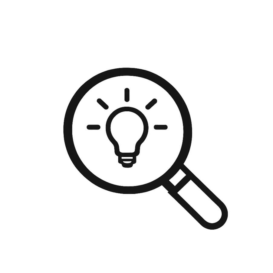 A magnifying glass with a lightbulb icon inside, symbolizing the concept of searching for ideas or insights.