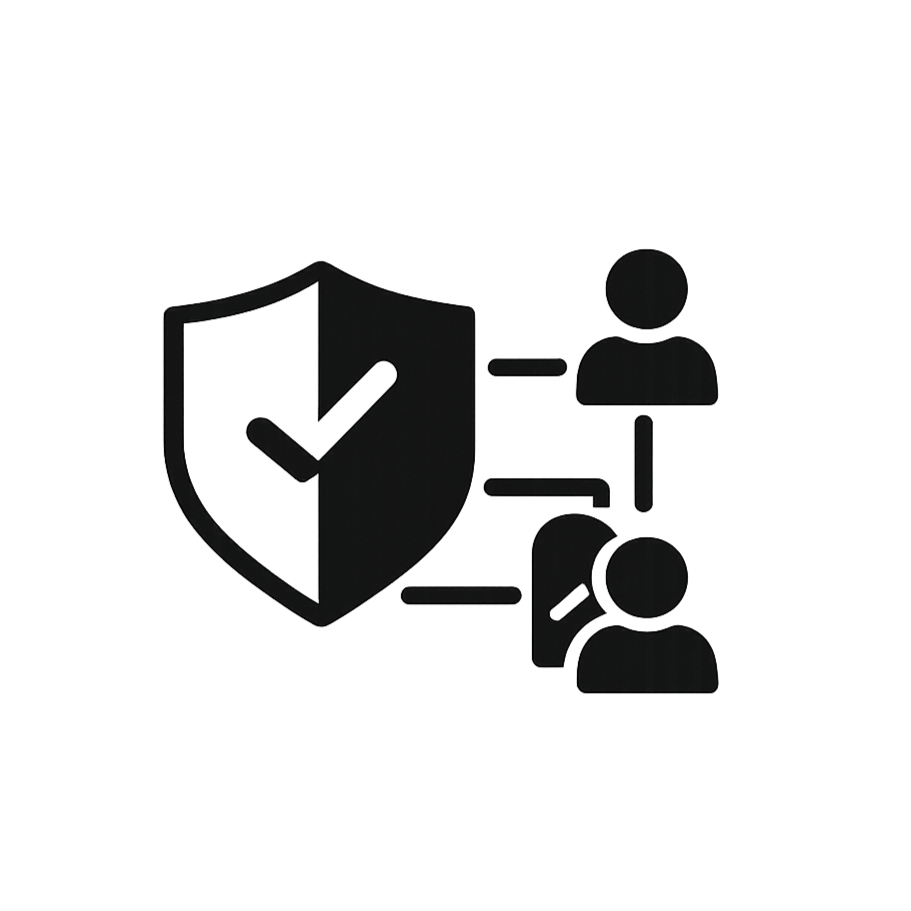 A shield with a check mark on it connected to two human icons, representing security or protection for people.