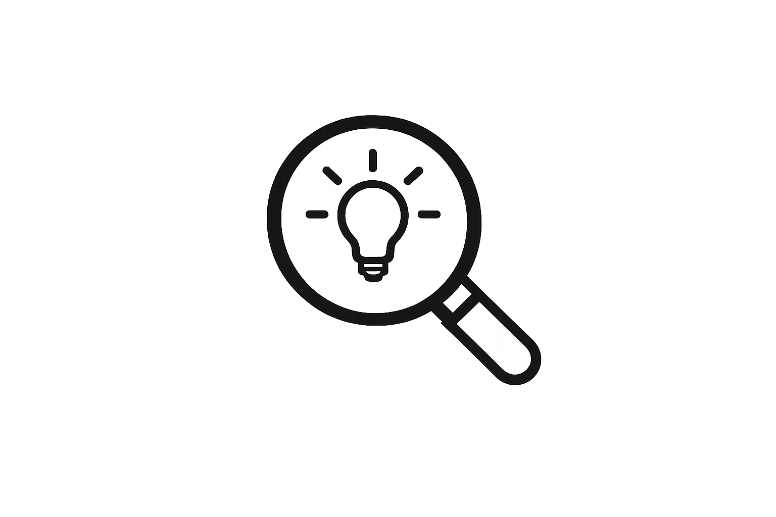 Magnifying glass with a light bulb icon inside, symbolizing idea search or innovation.