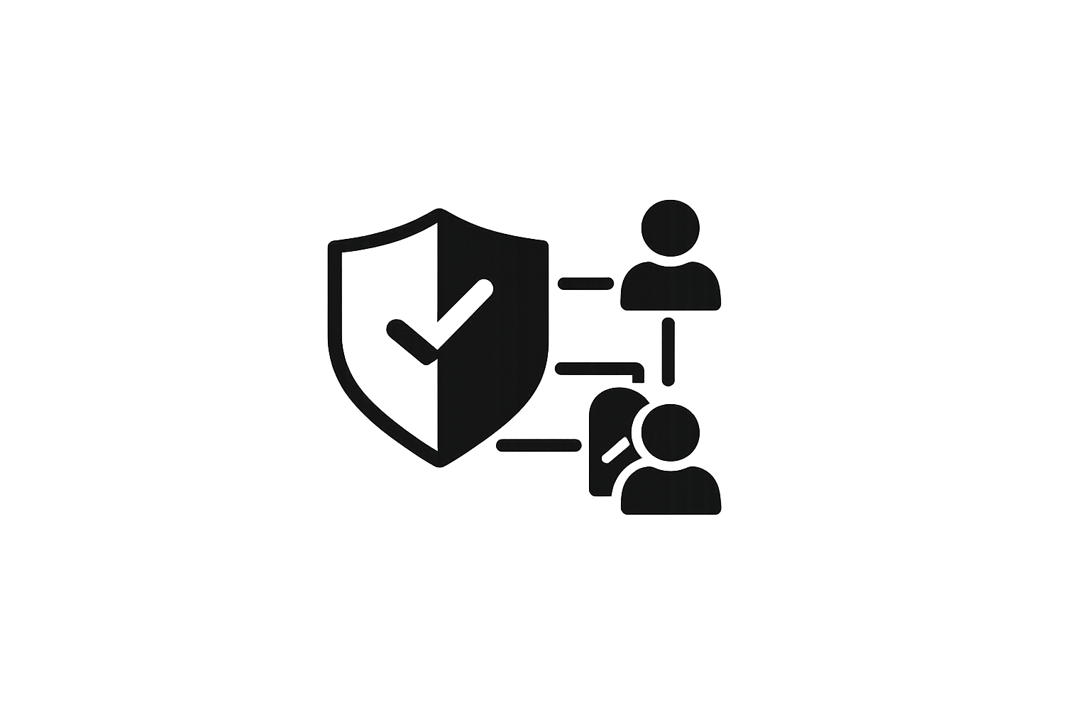 Icon representing cybersecurity, with a shield and check mark, connected to two user figures, indicating secure user access or identity verification.