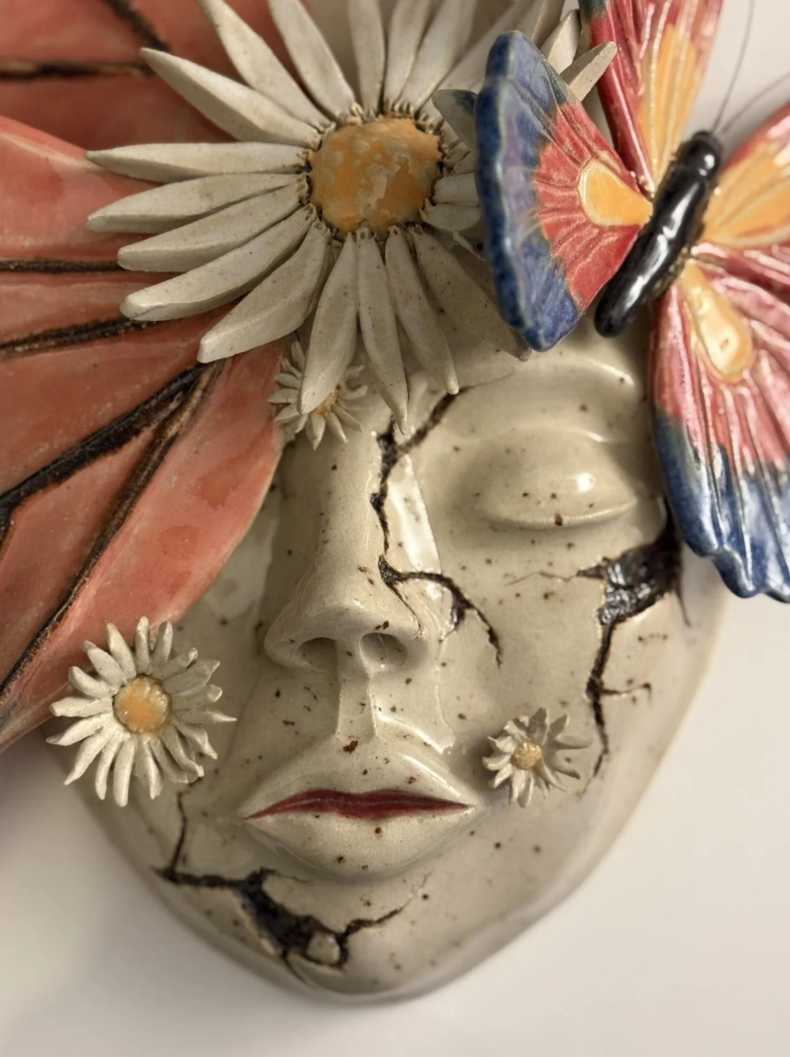 Butterly Girl Mask - Decorative Wall Art - Handmade Ceramic Mask