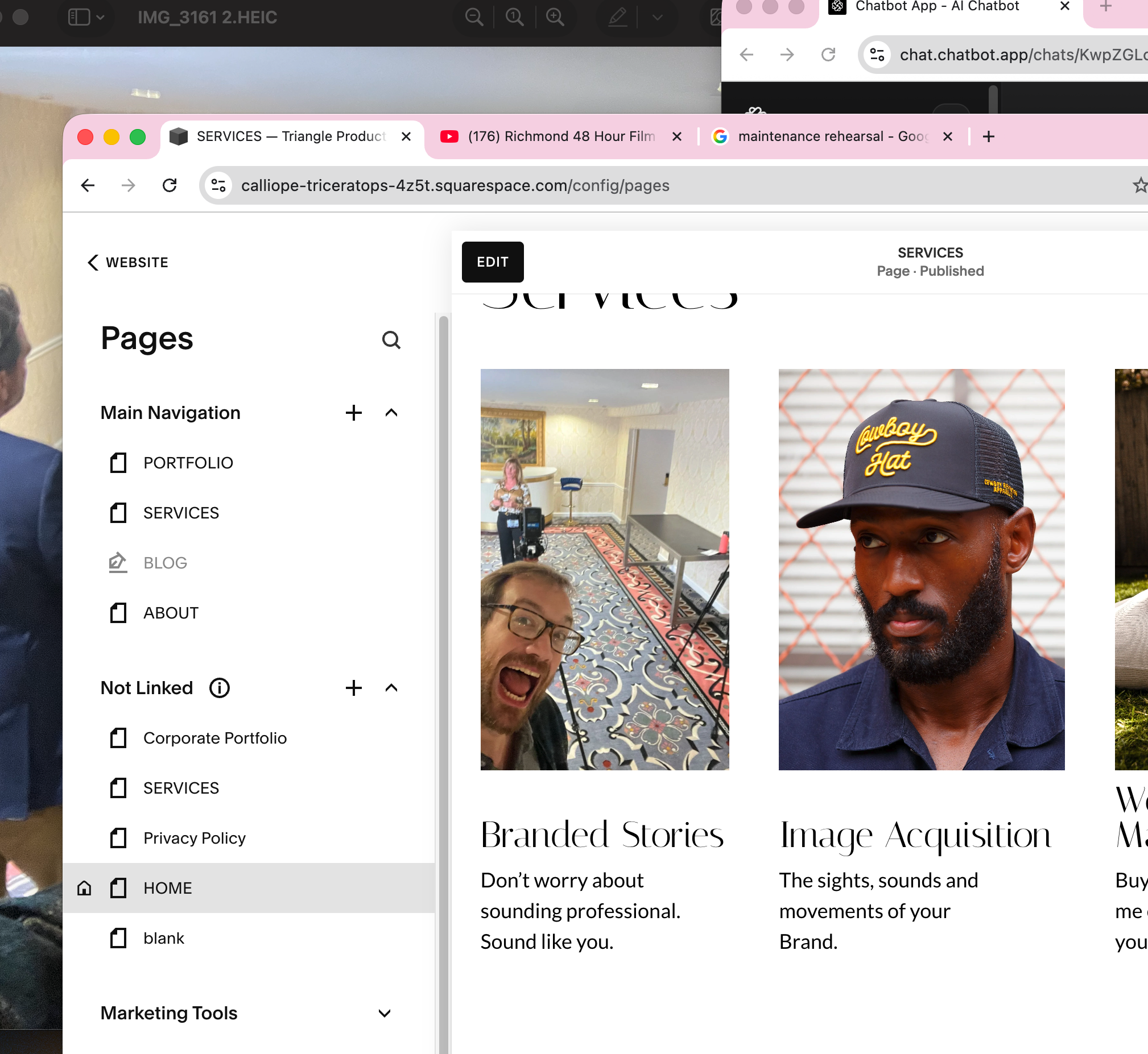 Screenshot of a website displaying two images and text underneath. The first image shows a cheerful man with glasses and a beard, standing in a room with patterned carpet and white walls, speaking or singing. The second image is of a man with a beard, wearing a black cap with yellow text and a blue shirt, looking to the side. The text below the images reads, "Branded Stories" and "Image Acquisition." The website menu on the left shows various pages like Portfolio, Services, Blog, About, and others.
