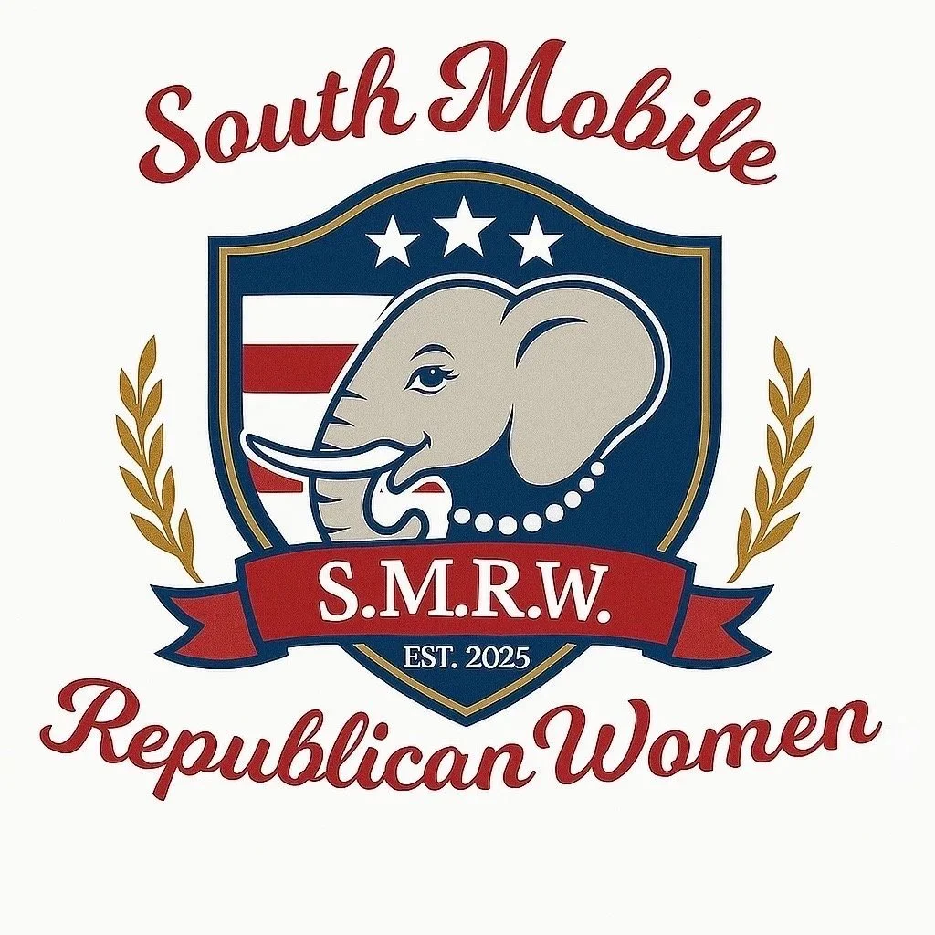 A logo for South Mobile Republican Women featuring an elephant with a pearl necklace, a shield with the American flag, and text indicating the organization established in 2025.