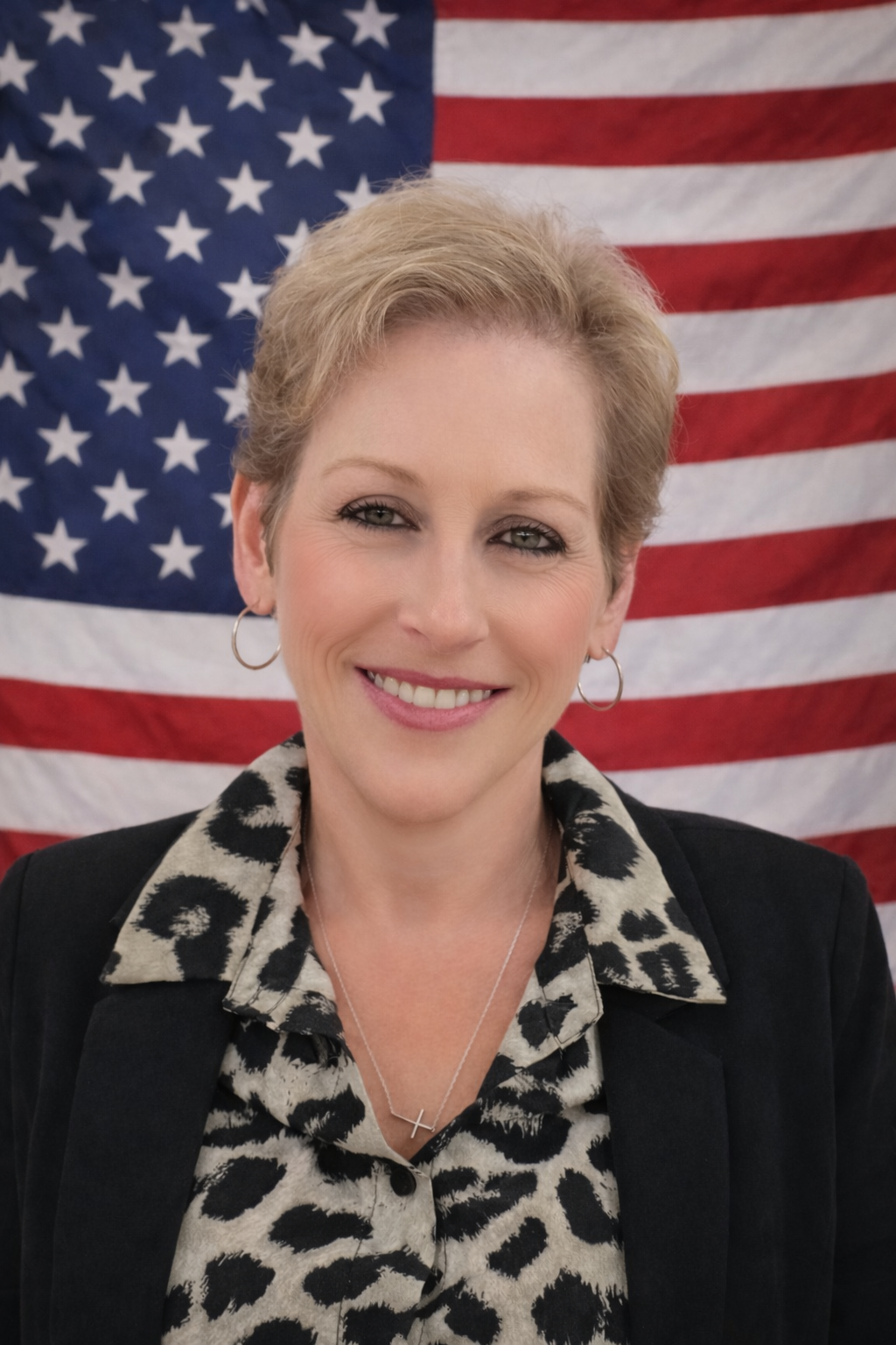 A woman with short blonde hair smiling in front of an American flag.