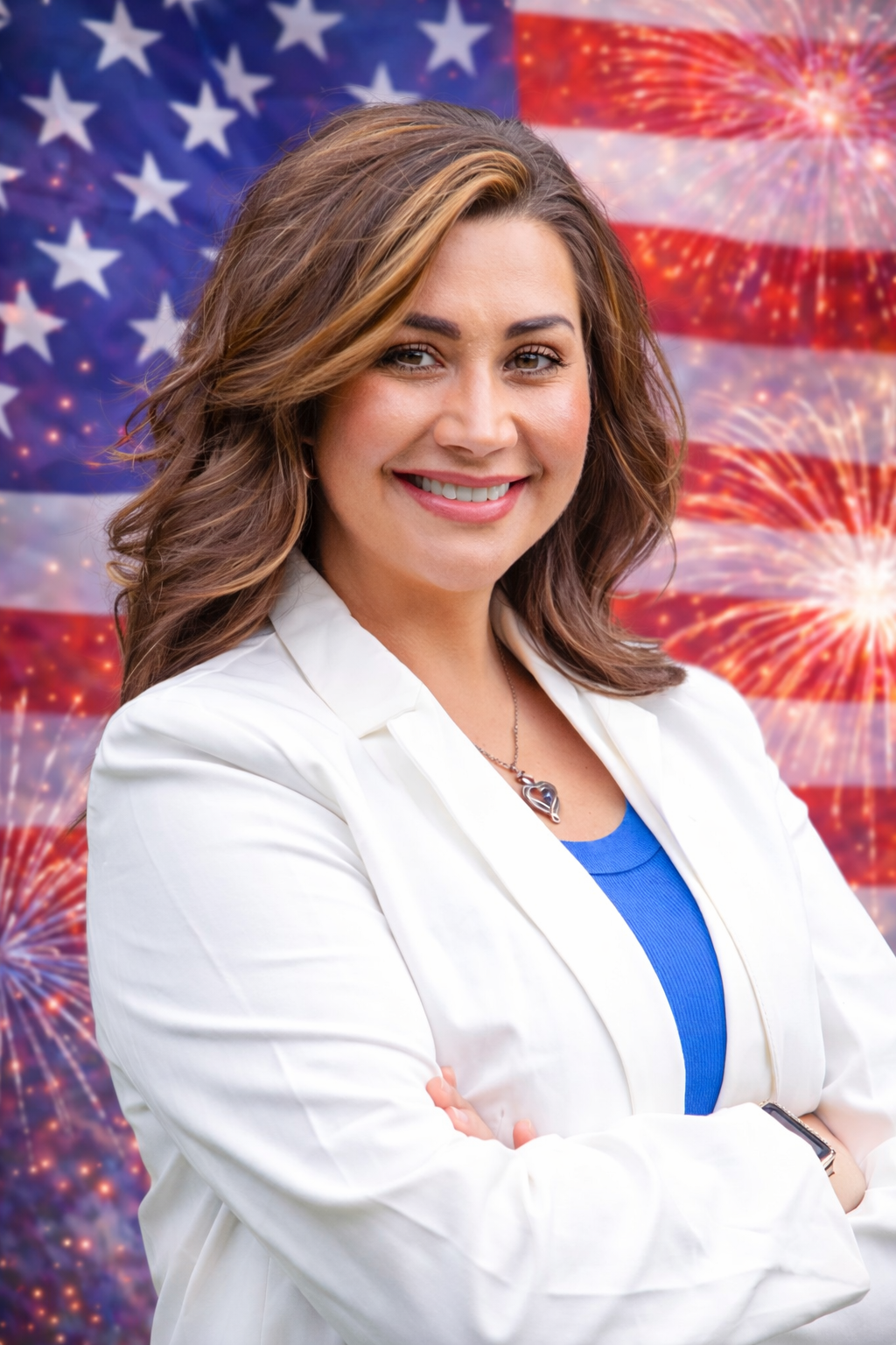 A woman with brown hair and a white blazer stands in front of an American flag with fireworks in the background, smiling with arms crossed.