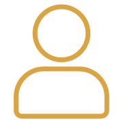 Minimalist icon of a person with a circular head and shoulders, outlined in gold on a black background.