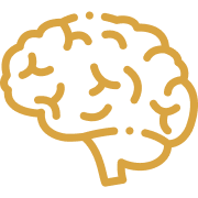 Line drawing of a smiling human brain with a face, eyes, and a nose.