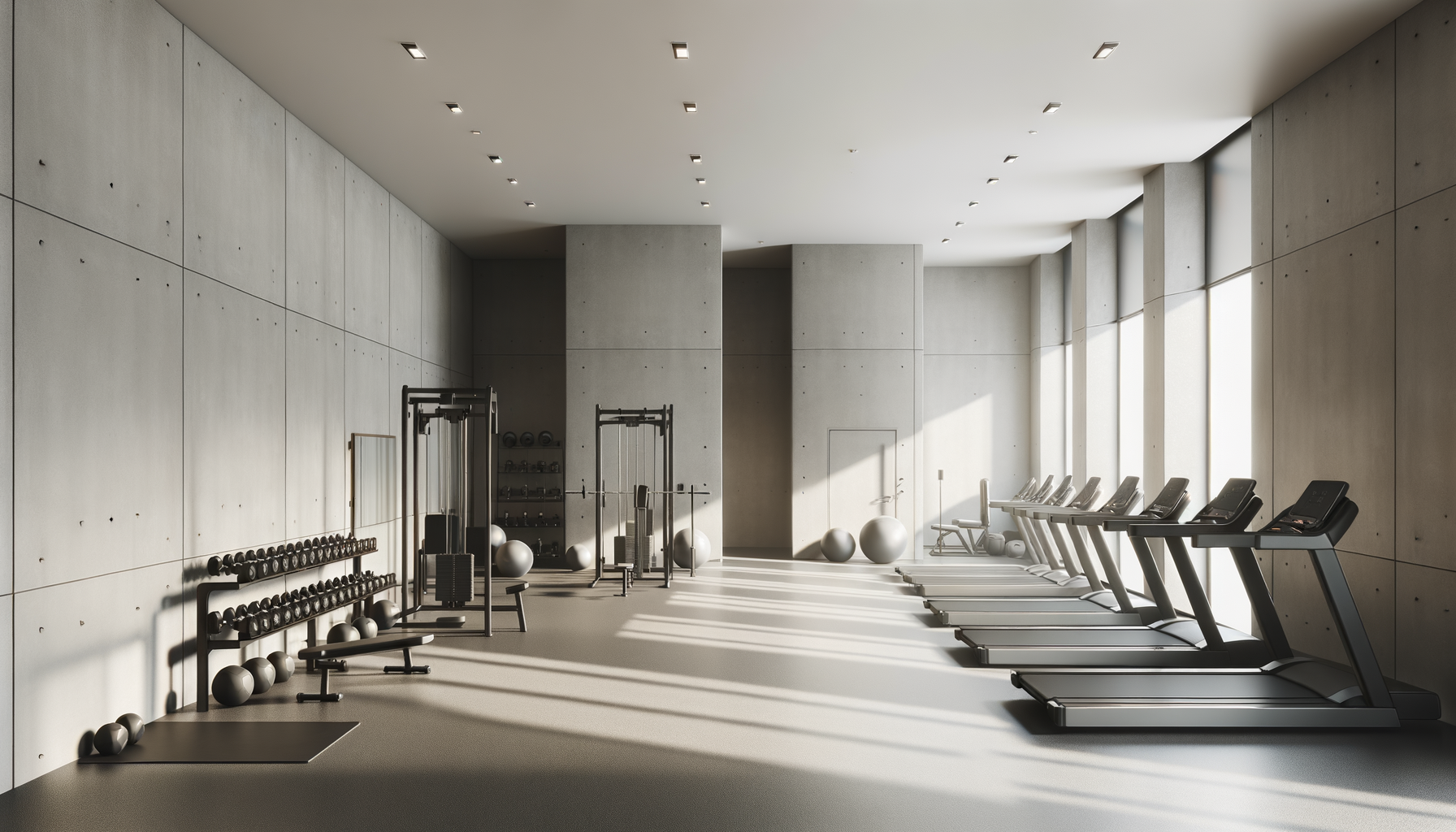 A minimalist gym with treadmills along a large window and weights and exercise equipment against a concrete wall.