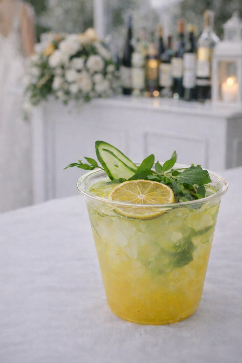 A refreshing lemon and cucumber cucumber beverage garnished with fresh mint leaves in a clear plastic cup, set on a white tablecloth with a blurred background of bottles and candles.