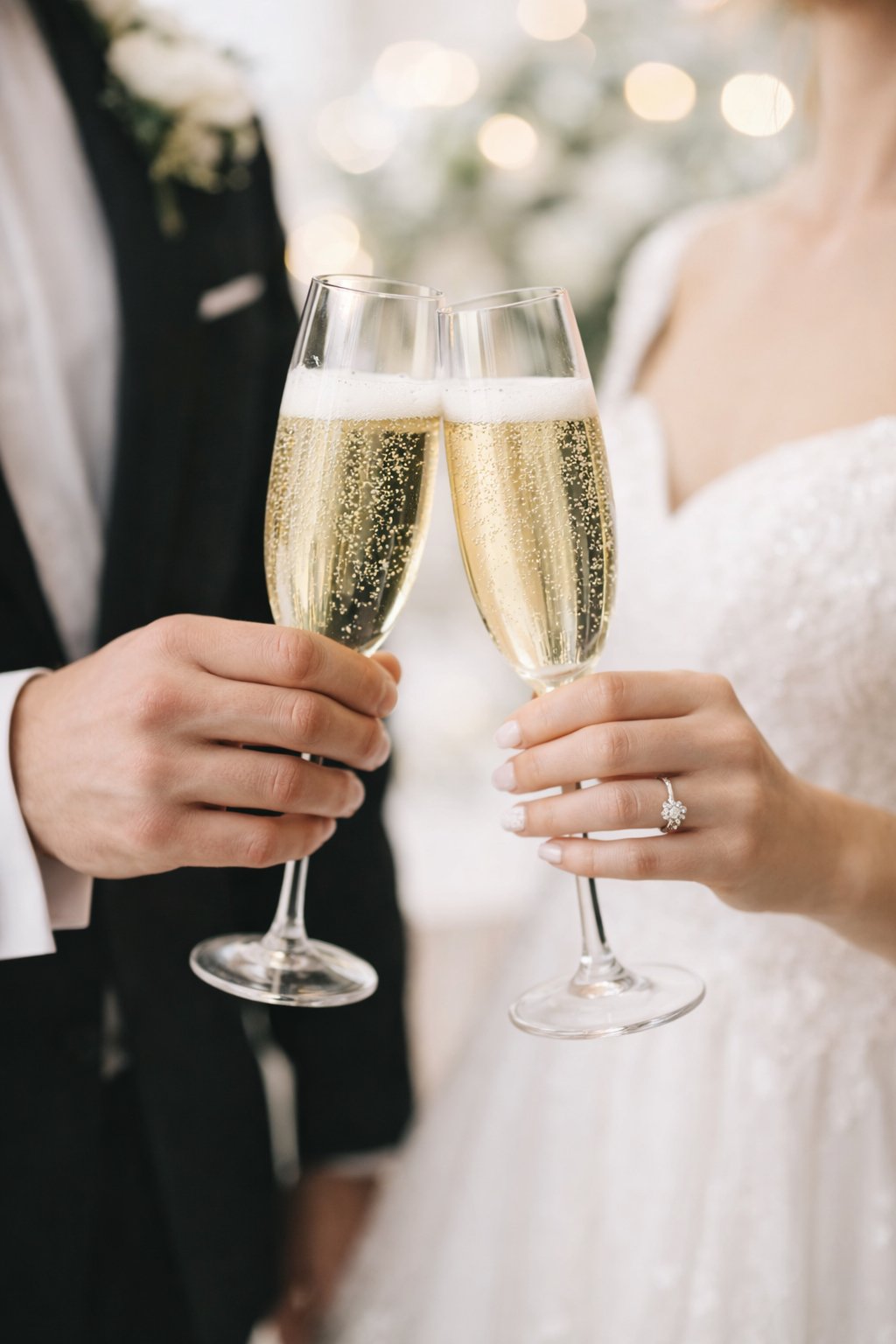 A man and a woman in wedding attire toasting with champagne flutes at a wedding celebration.