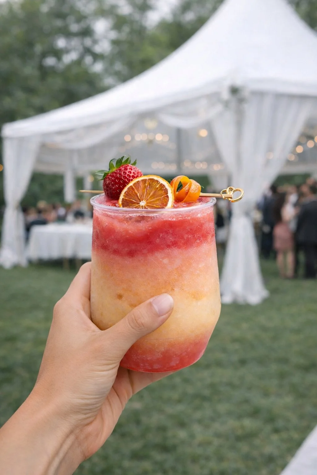 A hand holding a colorful fruit cocktail garnished with a strawberry, orange slice, and orange peel skewer, with an elegant outdoor event in the background.