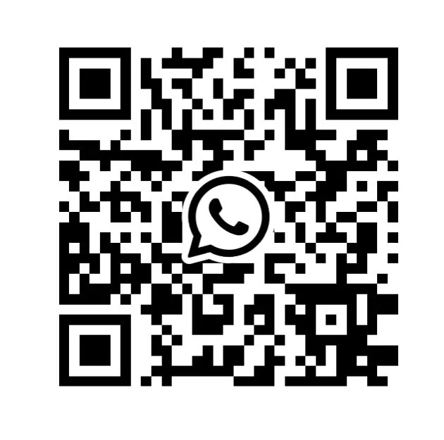 A QR code with a WhatsApp logo in the center, used for linking to a WhatsApp contact.