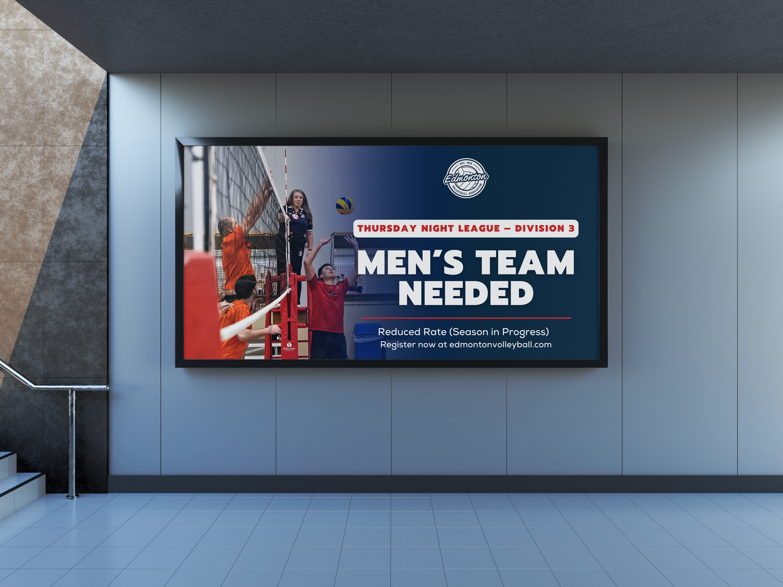 Digital poster on a wall advertising men's volleyball team recruitment, with a photo of volleyball players in action and text about league division and registration.