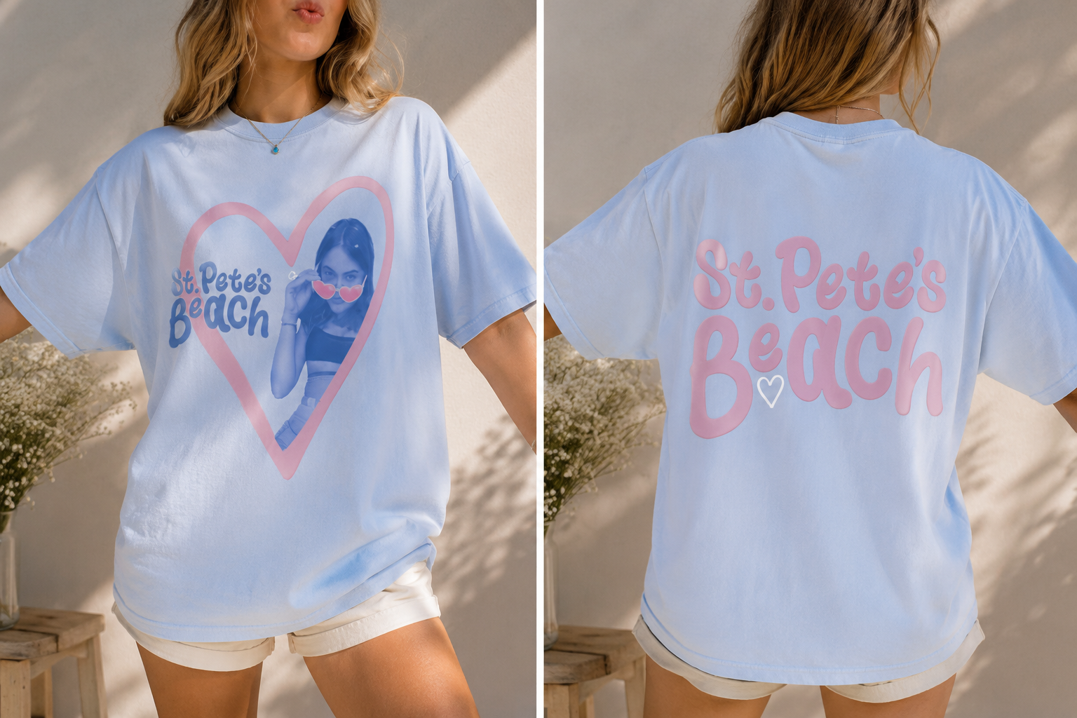 A woman wearing a light blue t-shirt with a graphic of a woman and the words "St. Pete's Beach" on the front, and the words "St. Pete's Beach" with a small heart on the back.