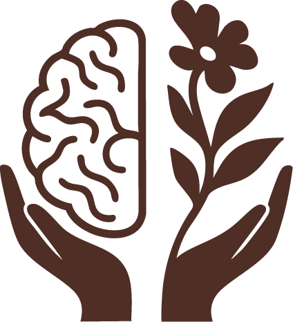 Illustration of two hands holding a brain, flower, and leaf, symbolizing growth, nurturing, and mental health.