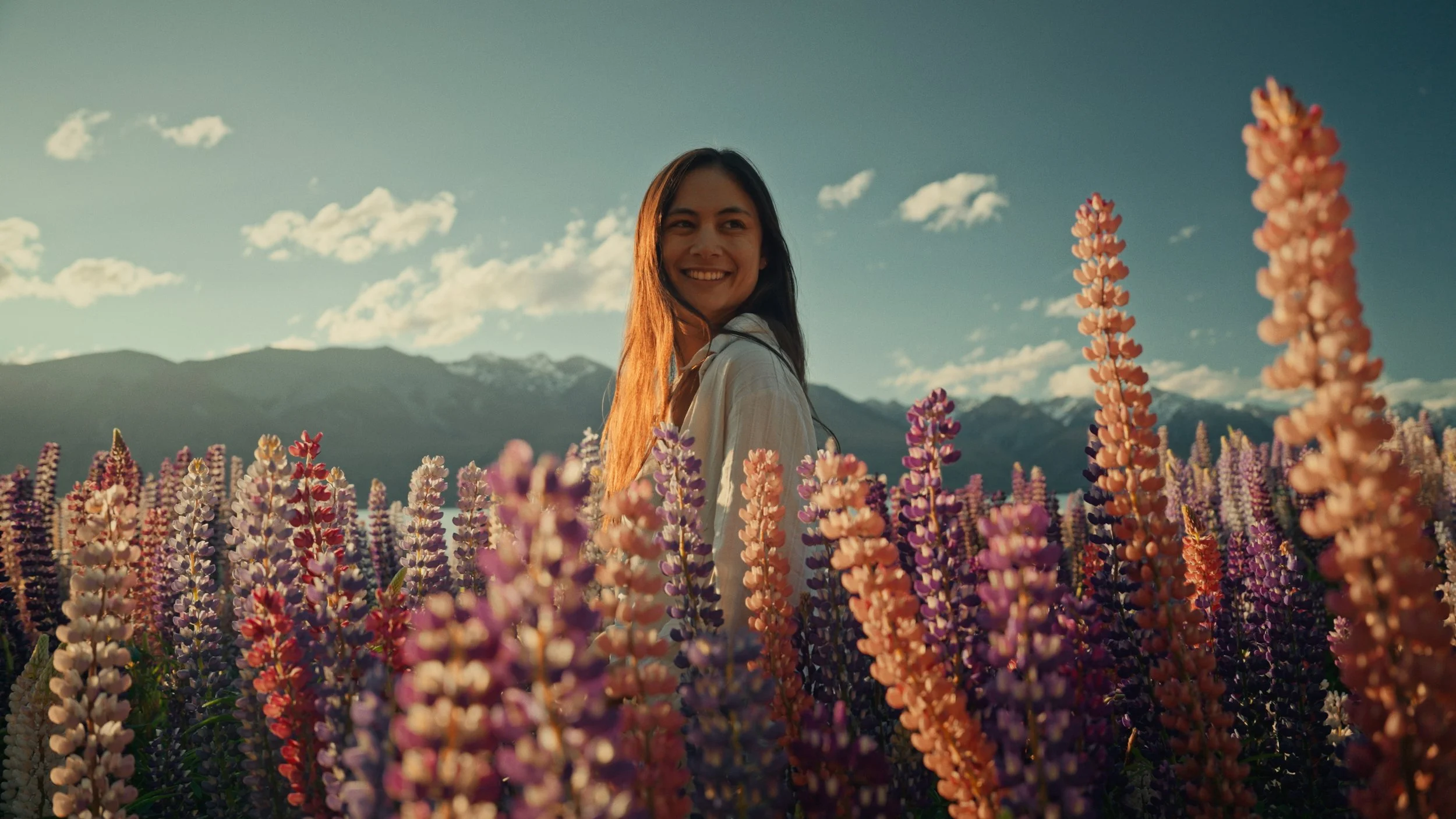 A smiling woman standing in a field of lupine flowers with mountains in the background during sunset.