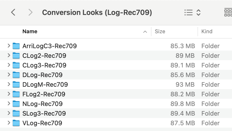 A computer directory window titled 'Conversion Looks (Log-Rec709)' displaying a list of folders with names like ArrilogC3-Rec709, CLog2-Rec709, CLog3-Rec709, DLog-Rec709, DLogM-Rec709, FLog2-Rec709, NLog-Rec709, SLog3-Rec709, VLog-Rec709, along with their sizes in MB.