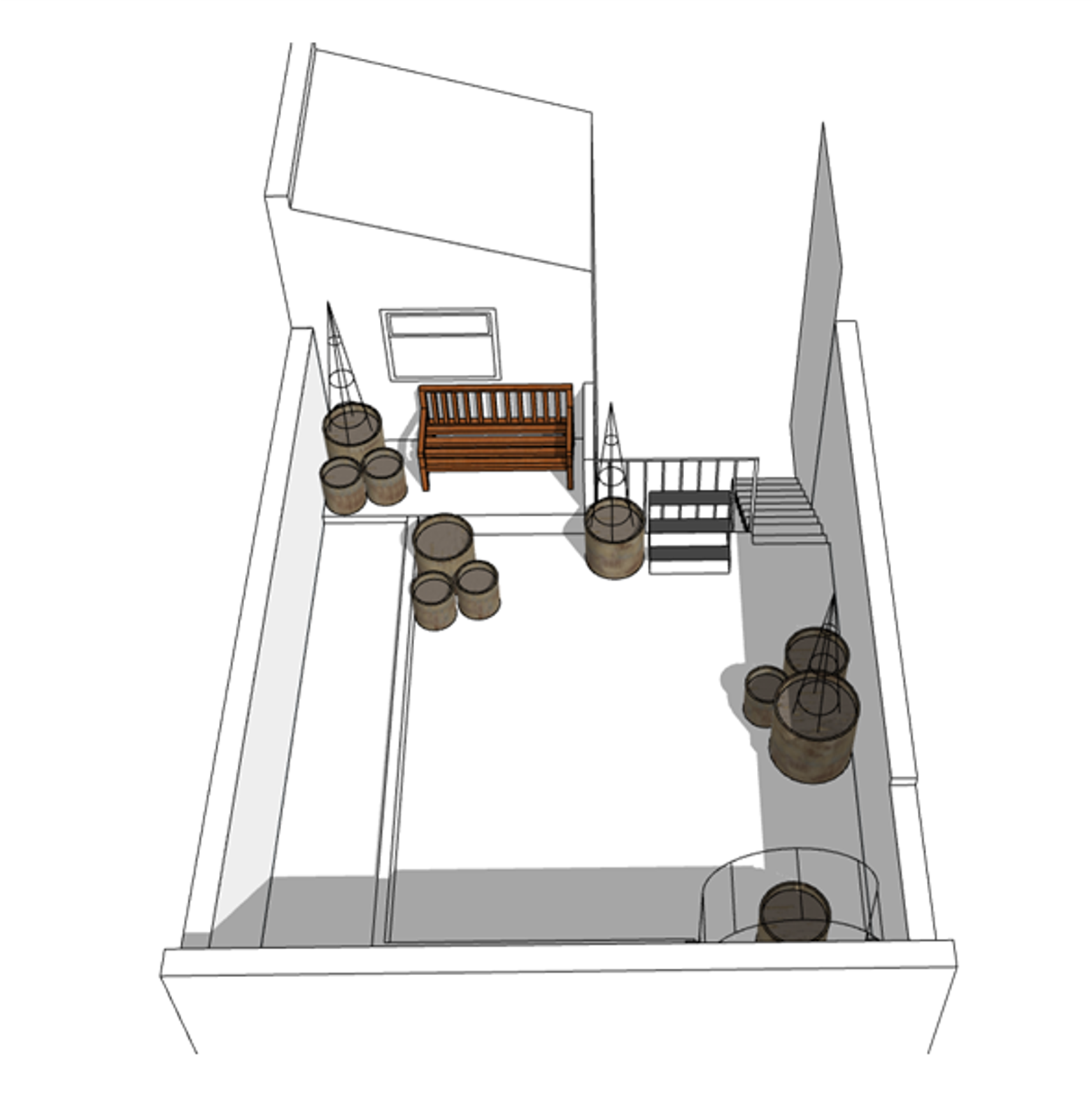 Additional groups of large pots and architectural structural elements to create a sense of immersion within the planting