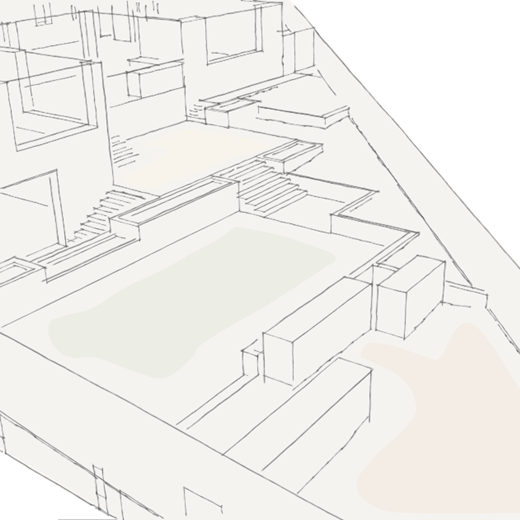 Design concept - a series of levels and steps navigates the drop from the upper terrace, down to the lawn and beyond to the bottom of the garden