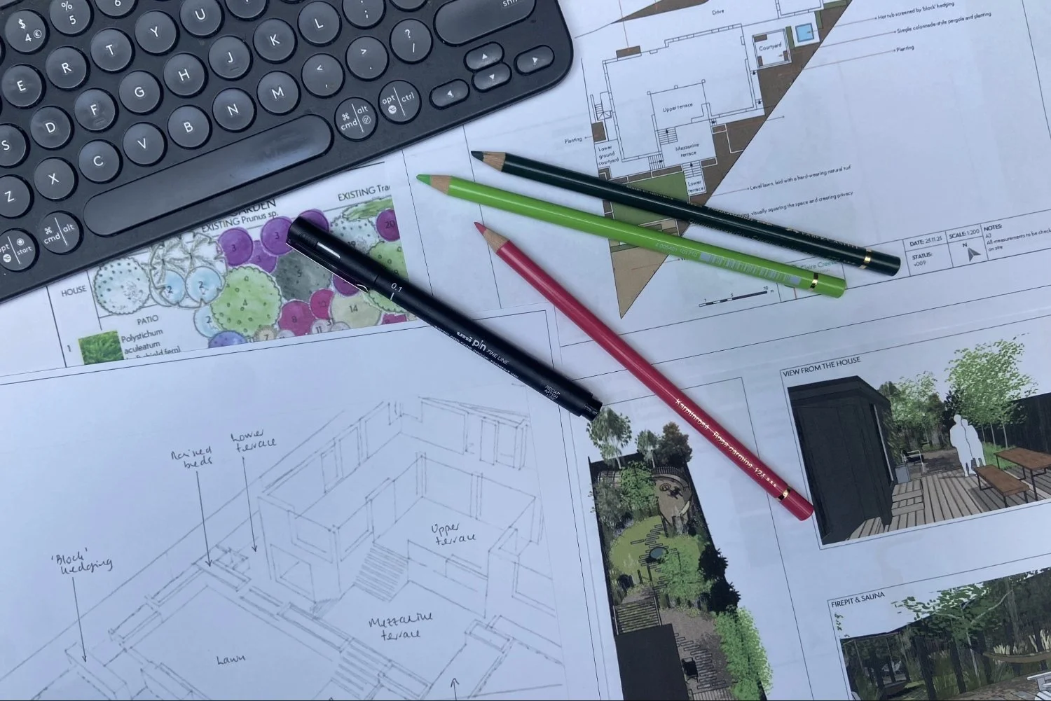 Processes involved in garden design: sketching design concepts, scale drawings using the CAD system Sketch Up Pro, mock-ups of the garden design, planting plans