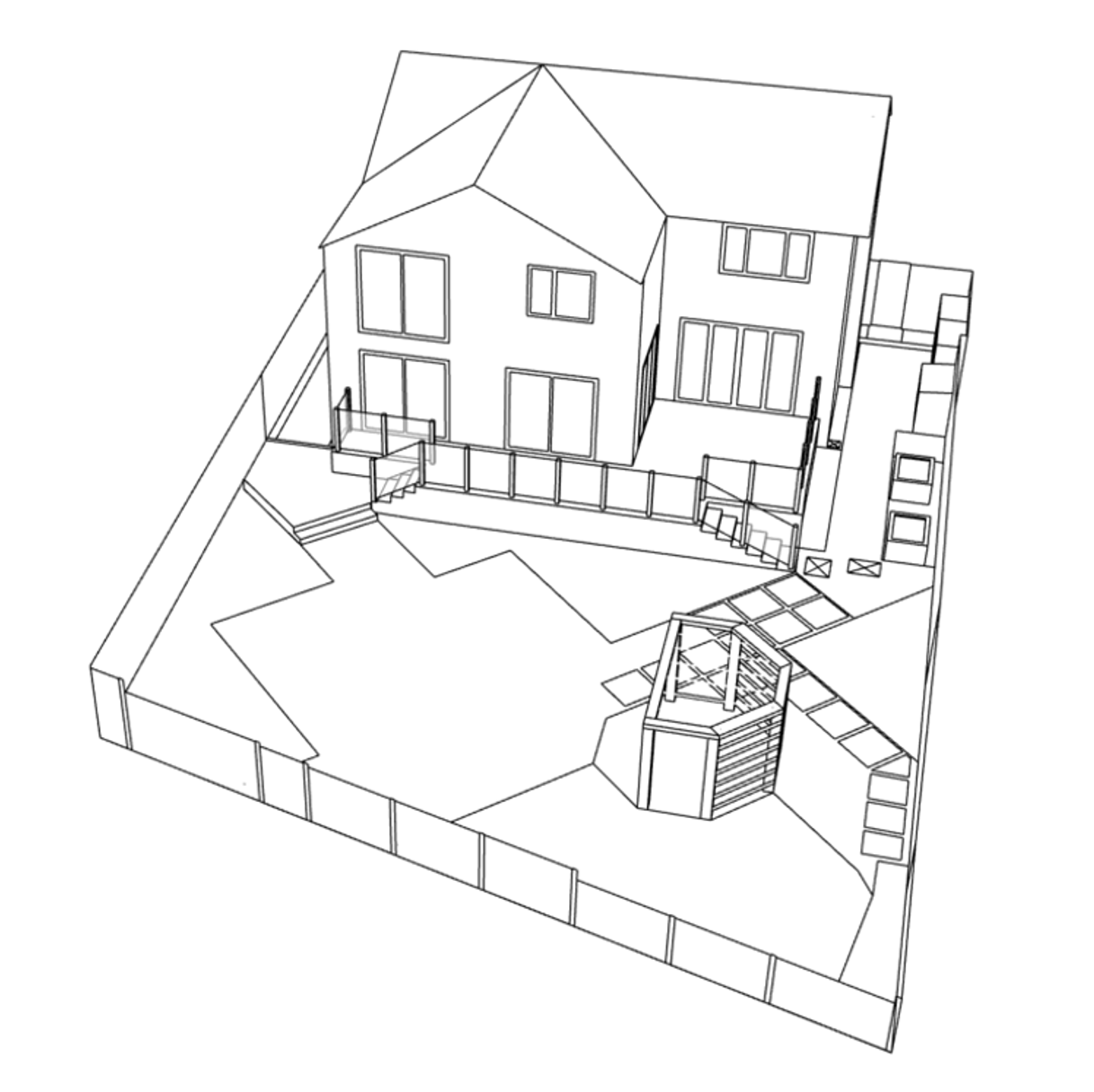 CAD Sketch Up Pro mock-up of a garden design for a family garden, showing the new layout, incorporating a new pergola and firepit and generous planting