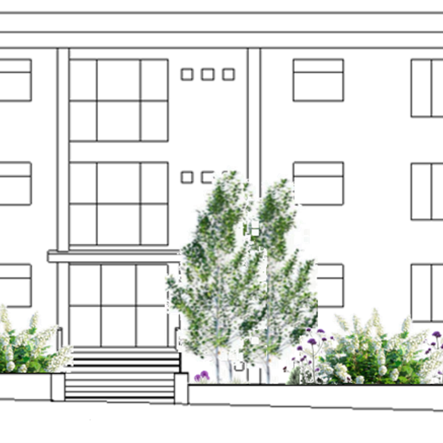 Mock-up looking from the road towards the apartments