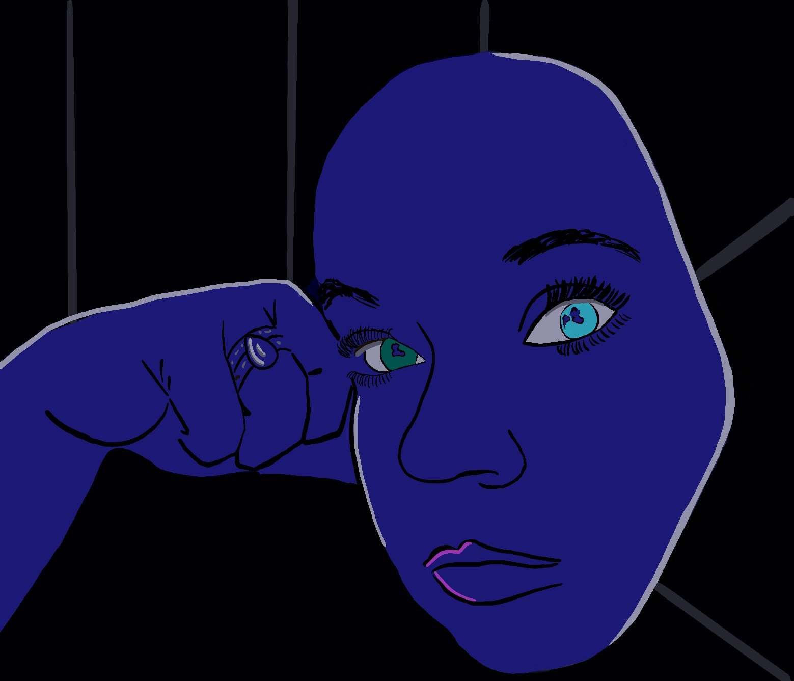 Blue toned digital portrait of a woman with teal eyes resting her head on her fist set against a dark abstract background.