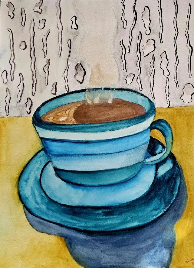 Coffee in the Rain - 2024 Watercolor Painting © Kandi Finney Art 