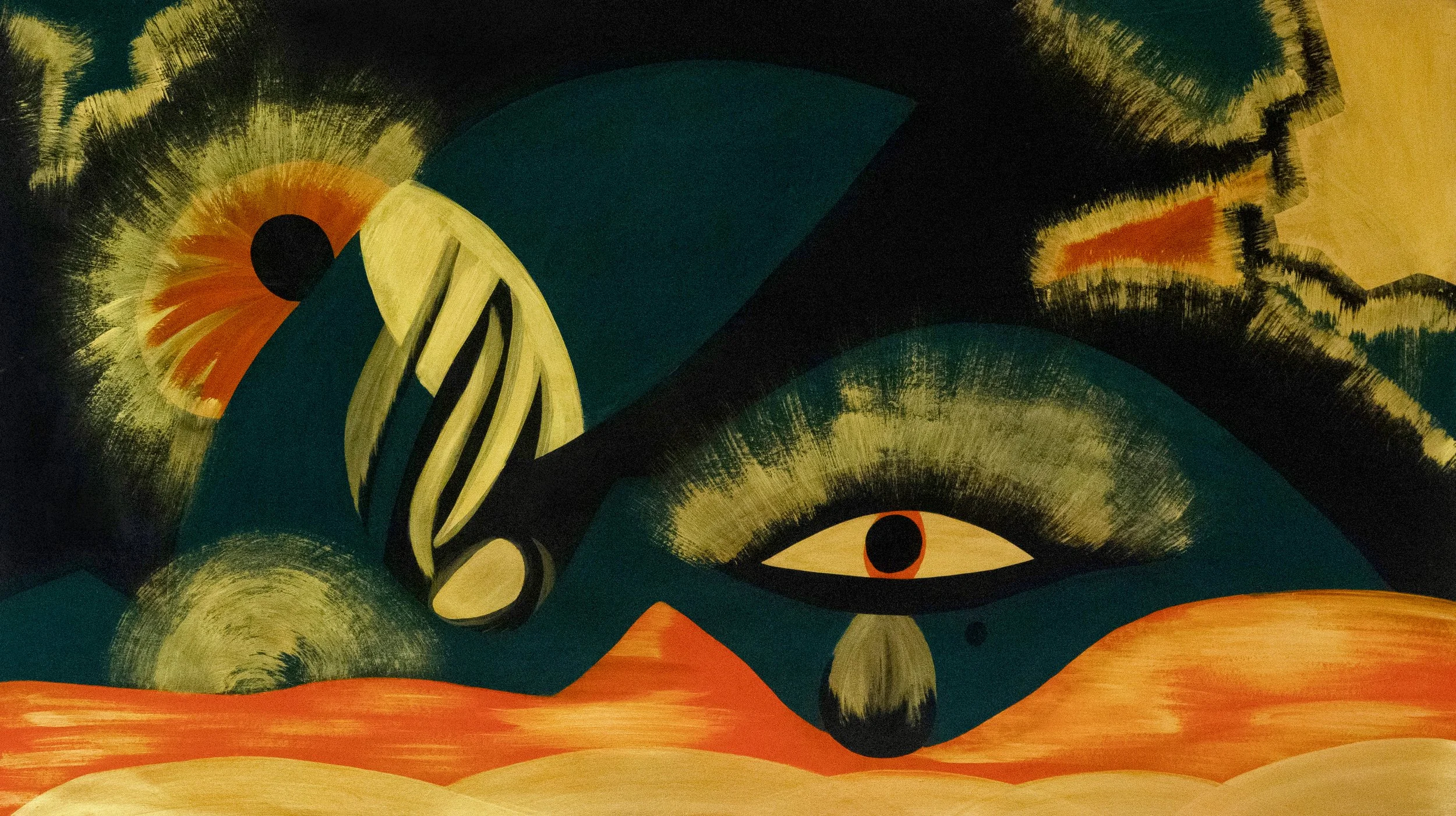 Una pintura abstracta con un rostro, un ojo grande y un colibrí en un fondo oscuro.