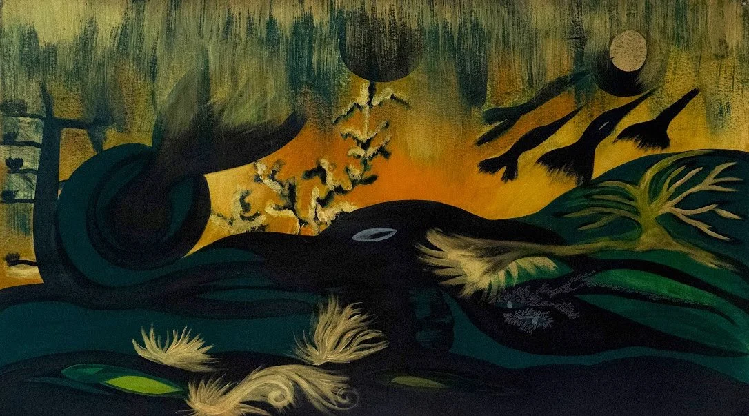 Pintura artística con colores oscuros y verdes, que muestra un paisaje surrealista con árboles, un eclipse y elementos abstractos.