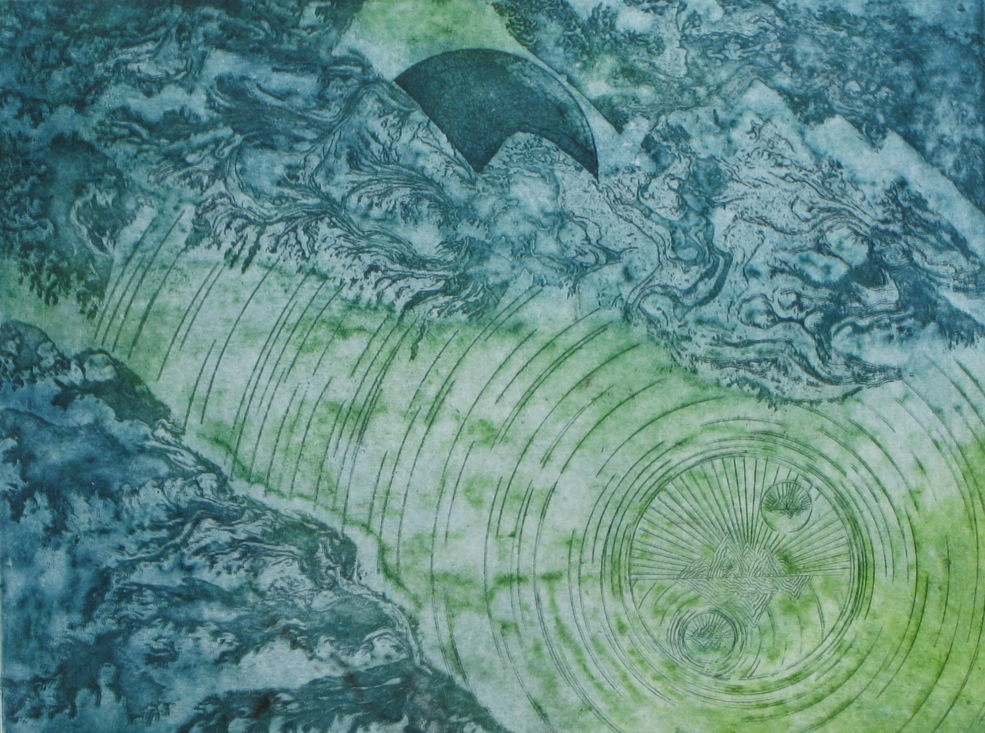 Ilustración que combina elementos de la naturaleza y símbolos espirituales, con colores predominantemente en tonos verdes y azules.