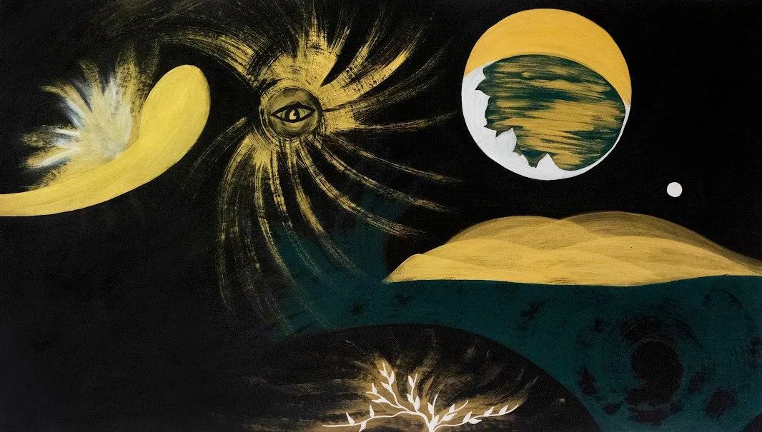 Dibujo abstracto con planetas, un ojo, y elementos en tonos negros, amarillos y verdes.