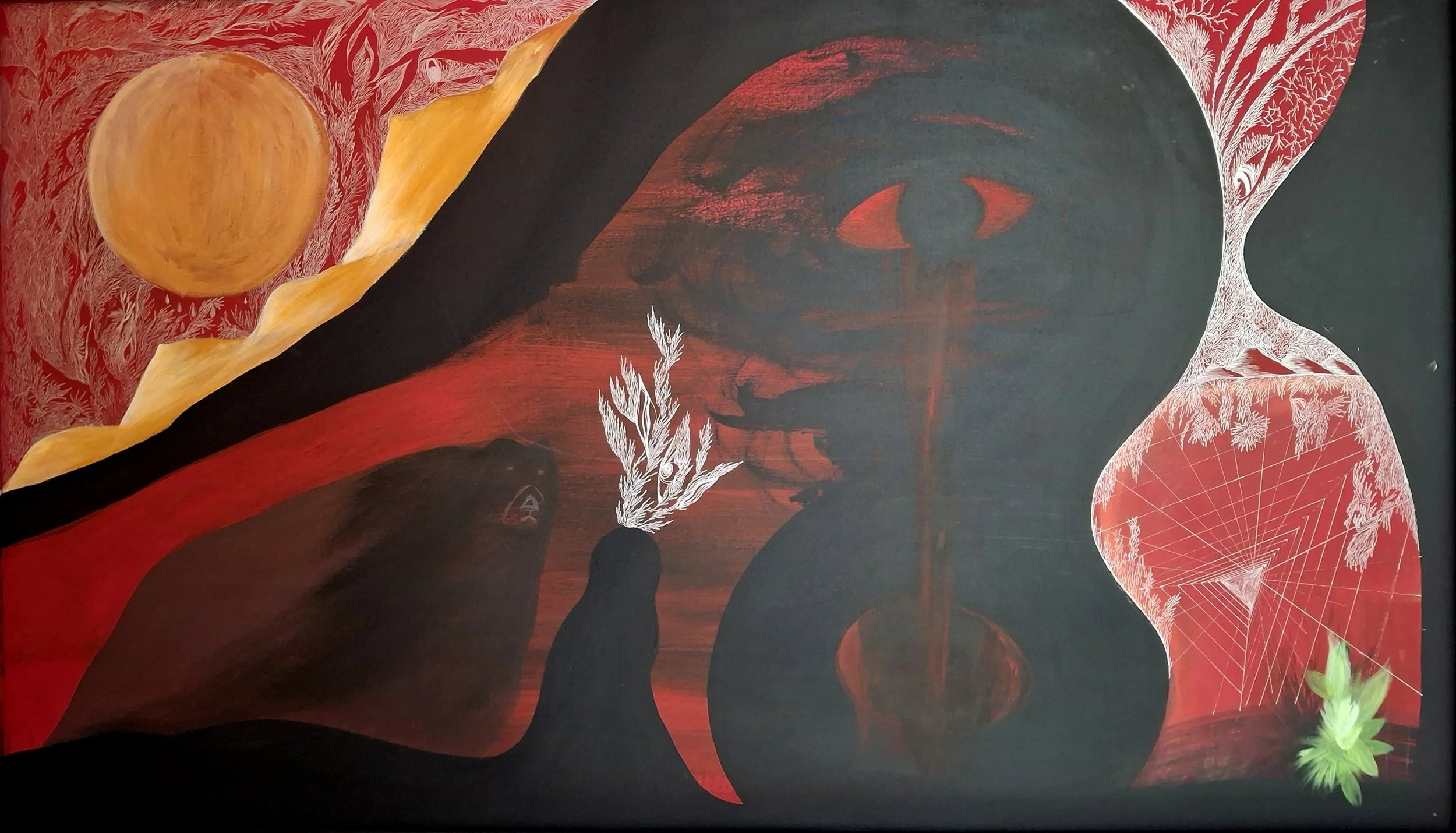 Arte con silueta de rostro en fondo rojo y negro, detalles en blanco y verde, con elementos como sol, hojas y líneas geométricas.