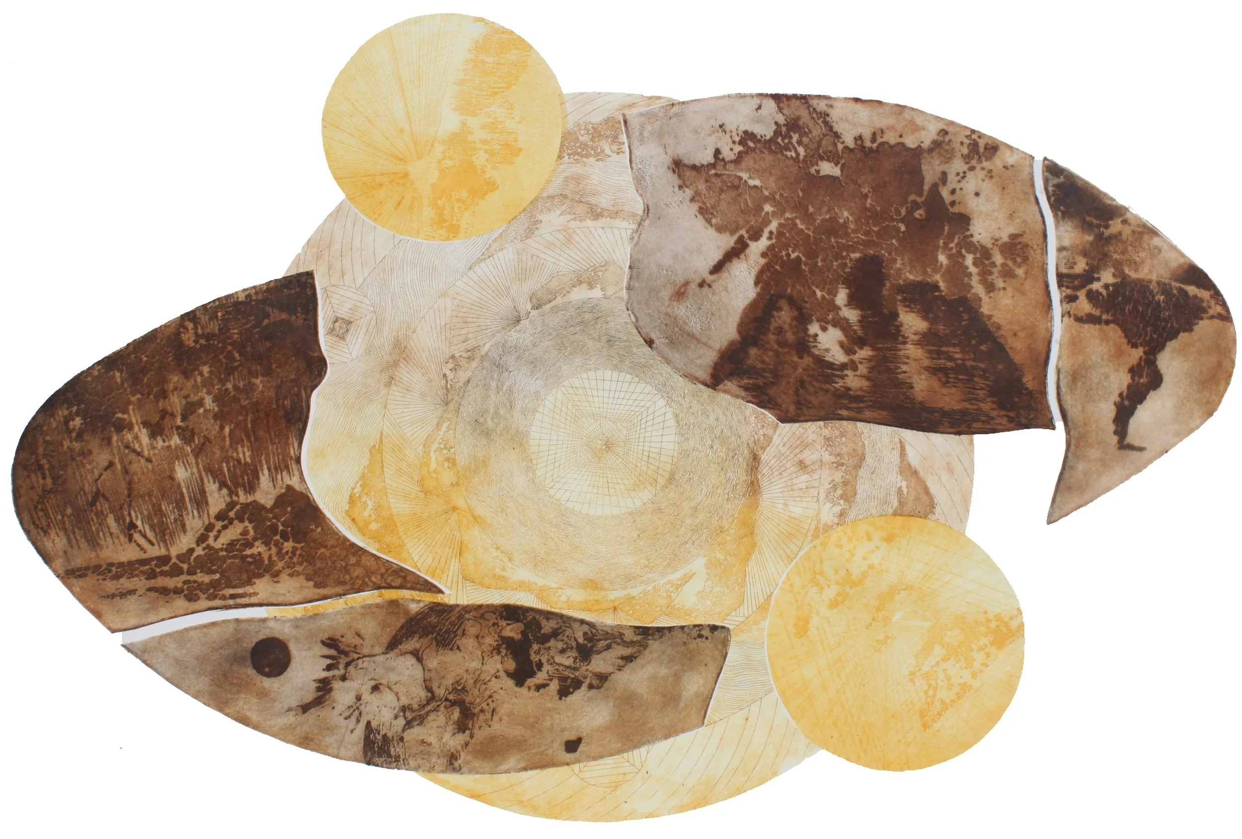 Composición artística con formas de discos en tonos marrón y amarillo, con texturas y patrones abstractos.