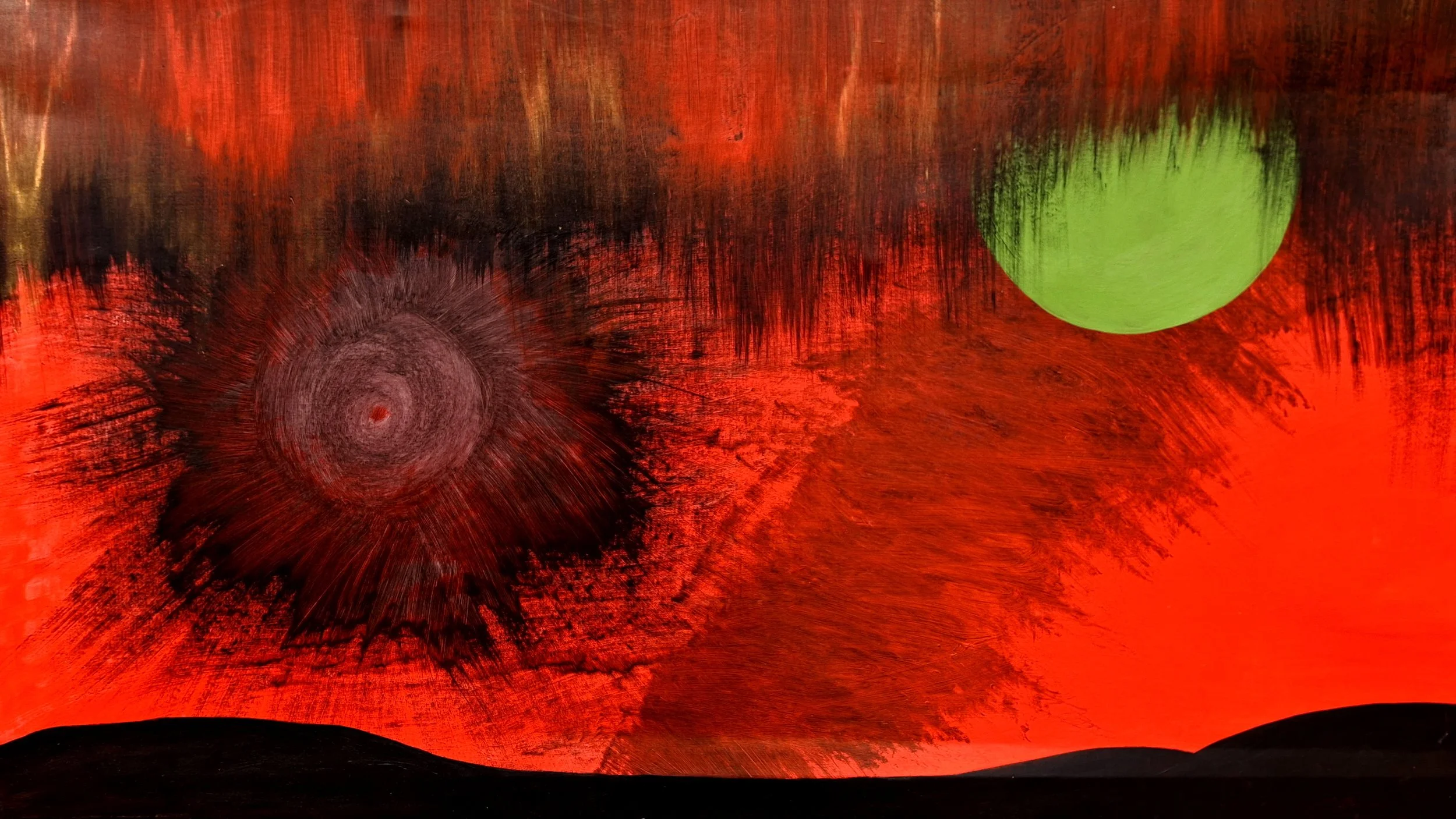 Arte abstracto con fondo rojo, figura circular verde y área oscura en la parte inferior.