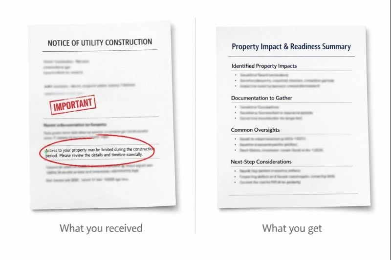 Comparison image showing a blurry document titled 'Notice of Utility Construction' with an 'IMPORTANT' stamp and circled text about property access during construction, next to a clearer document titled 'Property Impact & Readiness Summary' listing property impacts, documentation, oversights, and next steps.