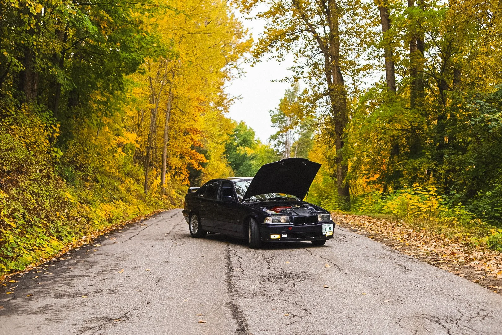 A black car with its hood open on a forested road in autumn with yellow, orange, and green leaves.
