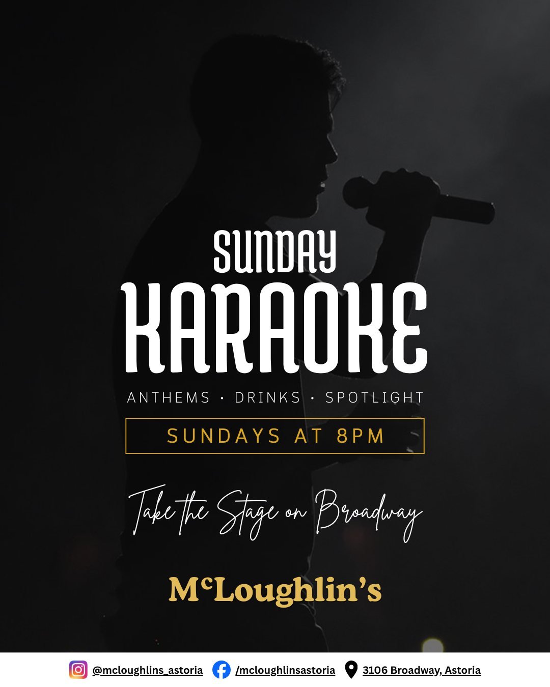 Get ready for your Sunday Night Spotlight 🎤

Close out the weekend where the neighborhood meets the mic. Karaoke at McLoughlin&rsquo;s kicks off tonight at 8pm.

Whether you&rsquo;re here to lead the crowd in an anthem or just grab a pint and cheer 