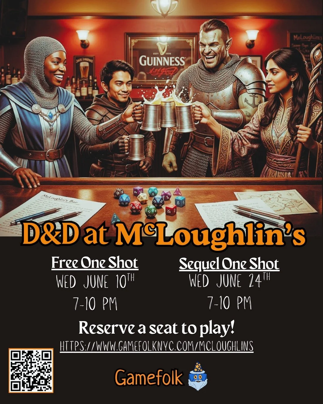 Slay dragons and knock back a round, preferably at the same time. 🍻🐉

Dungeons &amp; Dragons is invading McLoughlin&rsquo;s this June! @gamefolk_nyc is set up for two exclusive game nights.

It&rsquo;s the perfect excuse to get the squad together, 