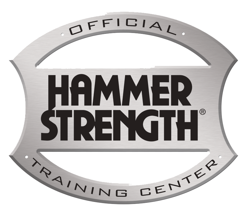 A metallic emblem with the words 'Official Hammer Strength Training Center' engraved on it.